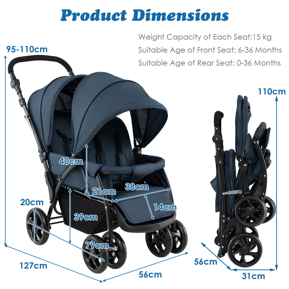 The blue double pushchair with arrows indicating various frame dimensions