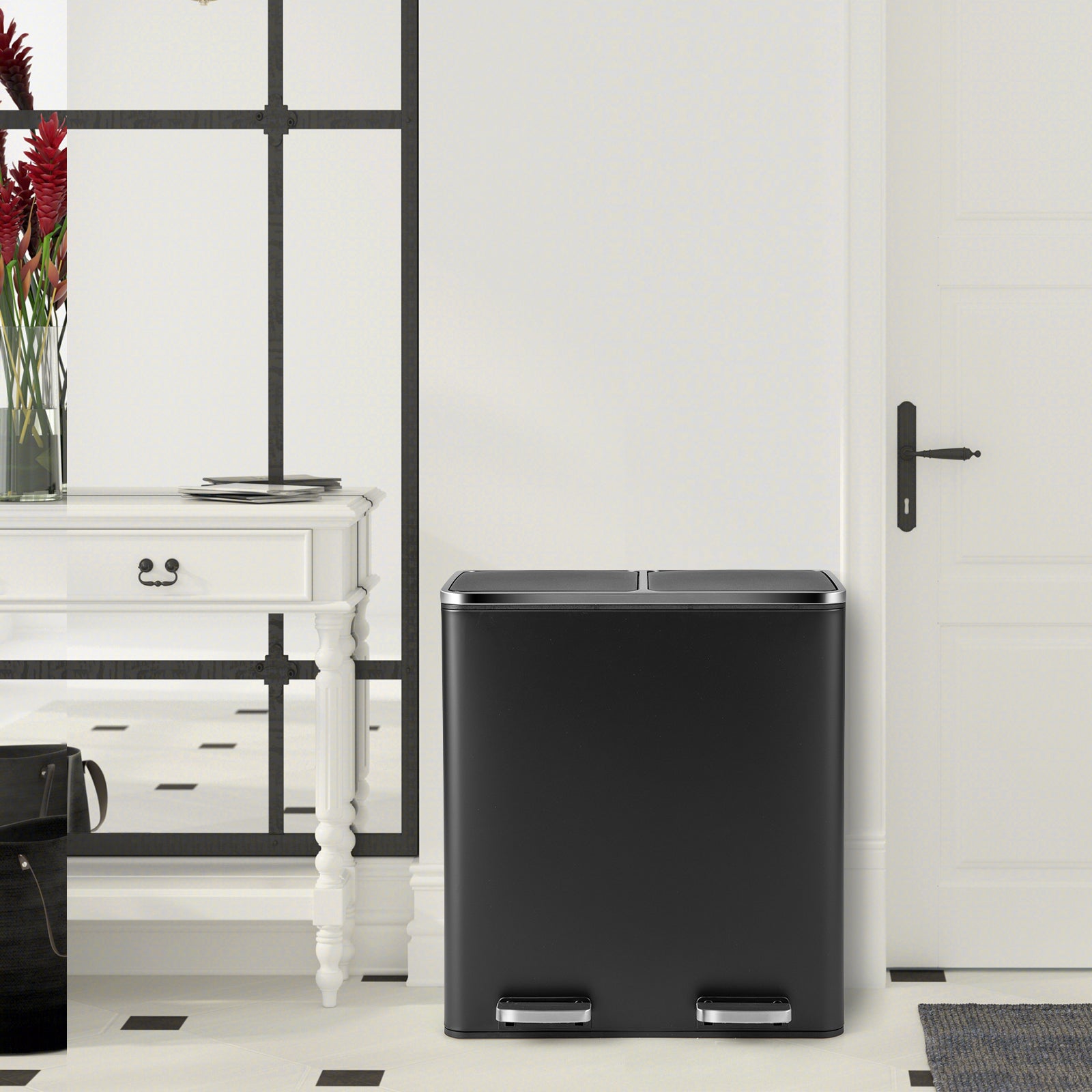 Double Recycle Pedal Bin wth Dual Removable Compartments-Black