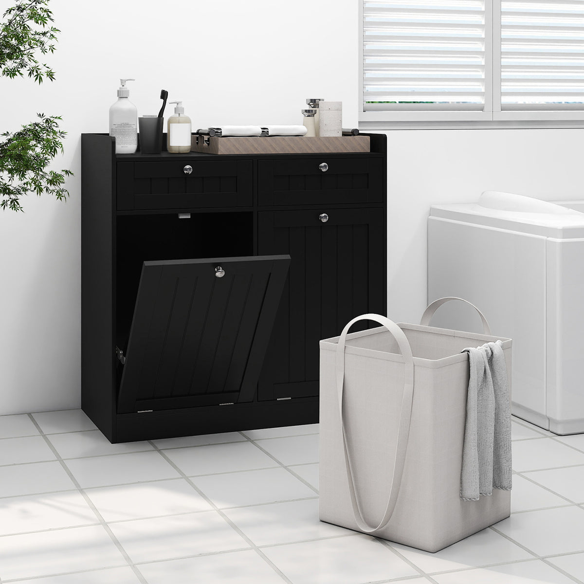 Double Tilt-Out Laundry Hamper Cabinet with Removable Baskets-Black