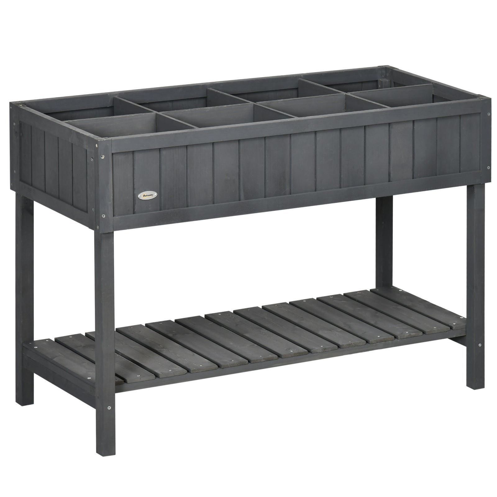Outsunny Fir Wood Raised Rectangular 8 Compartment Plant Stand Dark Grey