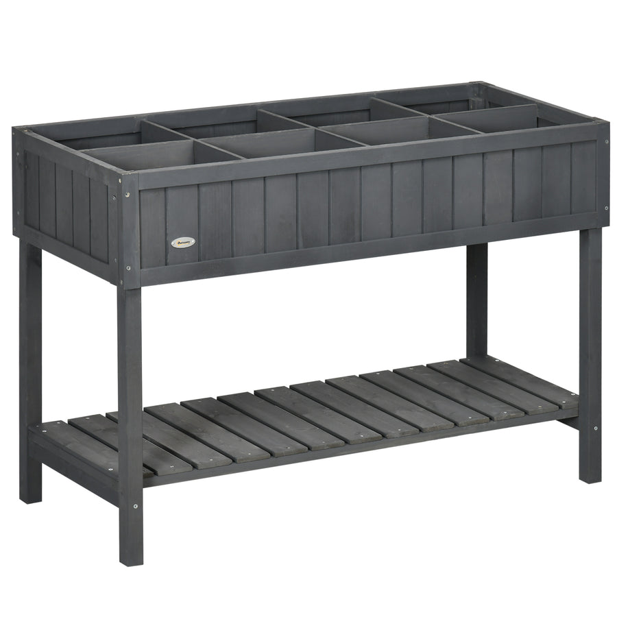 Outsunny Fir Wood Raised Rectangular 8 Compartment Plant Stand Dark Grey