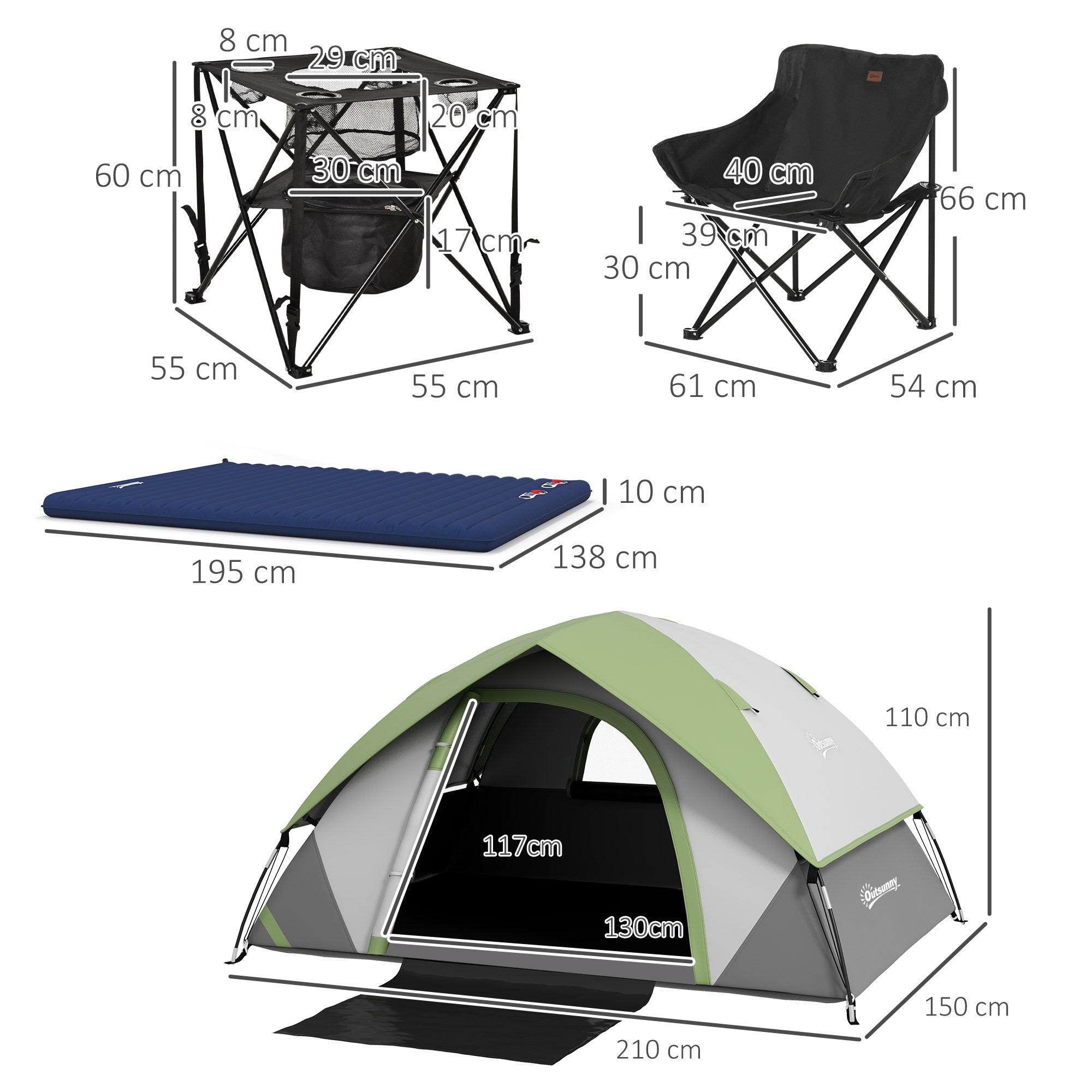 Outsunny Camping Tent with Inflatable Mattress and Camping Table&Chair, 2-3 Person Dome Tent with Sewn-in Groundsheet, Portable 3000mm Waterproof Tent with Carry Bag and Hook, for Fishing Hiking