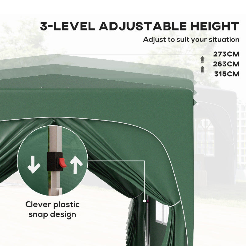 Green canopy tent with adjustable height feature and snap design illustration.