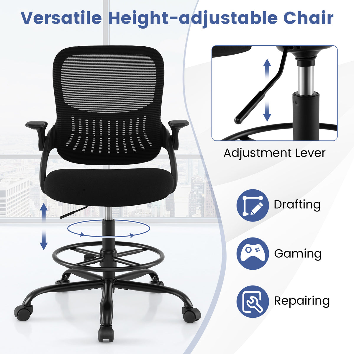 Drafting Chair Tall Mesh Swivel Task Chair with Flip Up Armrests and Adjustable Footrest Ring-Black