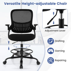 Drafting Chair Tall Mesh Swivel Task Chair with Flip Up Armrests and Adjustable Footrest Ring-Black