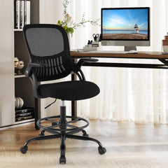 Drafting Chair Tall Mesh Swivel Task Chair with Flip Up Armrests and Adjustable Footrest Ring-Black