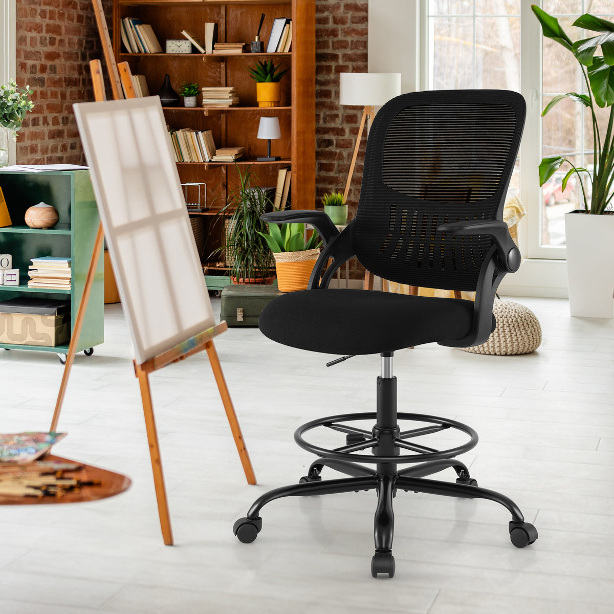 Drafting Chair Tall Mesh Swivel Task Chair with Flip Up Armrests and Adjustable Footrest Ring-Black