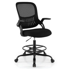 Drafting Chair Tall Mesh Swivel Task Chair with Flip Up Armrests and Adjustable Footrest Ring-Black