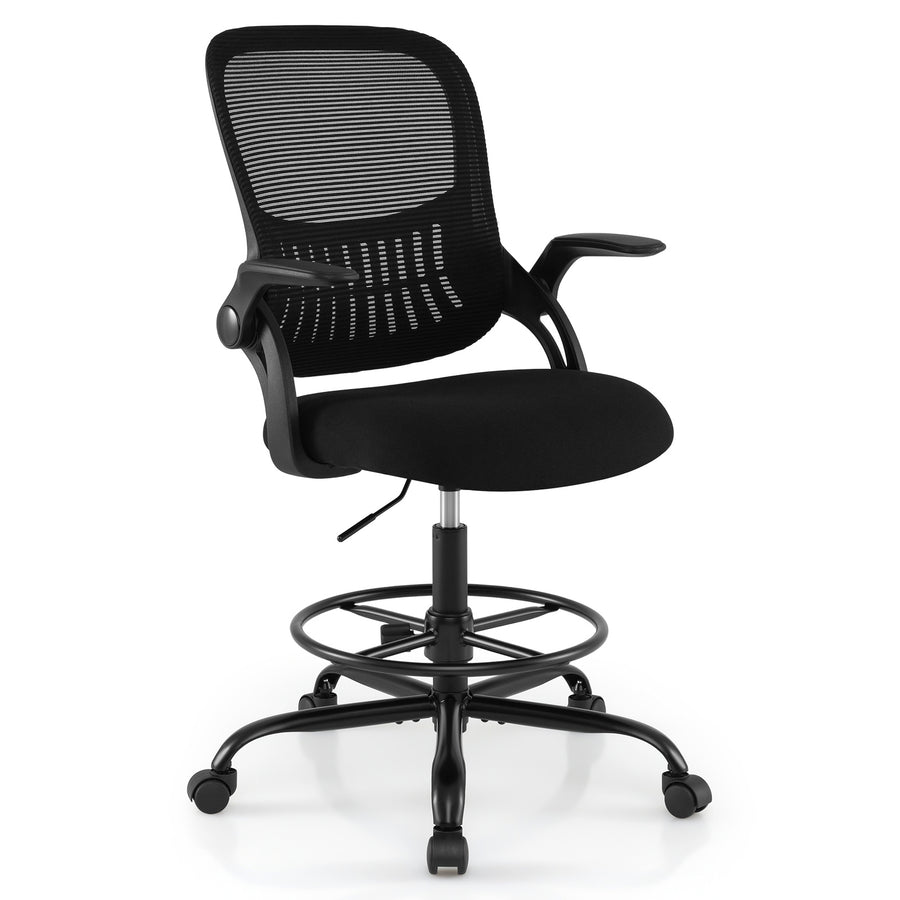 Drafting Chair Tall Mesh Swivel Task Chair with Flip Up Armrests and Adjustable Footrest Ring-Black
