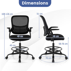 Drafting Chair Tall Mesh Swivel Task Chair with Flip Up Armrests and Adjustable Footrest Ring-Black