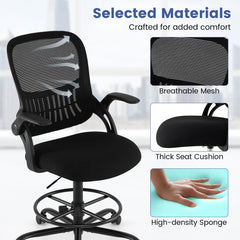 Drafting Chair Tall Mesh Swivel Task Chair with Flip Up Armrests and Adjustable Footrest Ring-Black