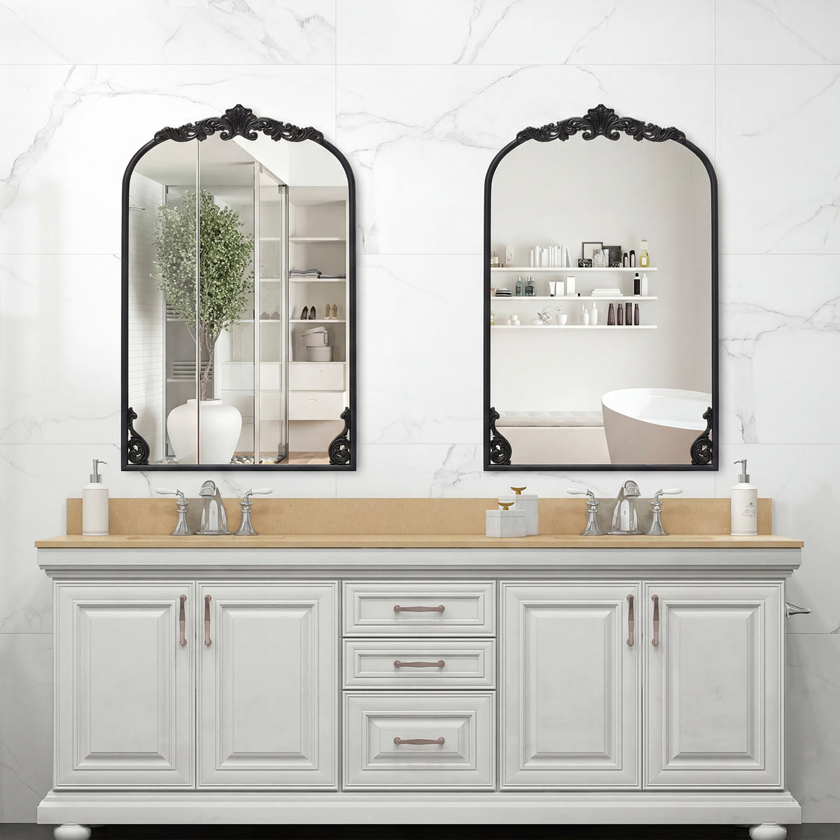 Dramatic Arched Wall Mirror with Baroque Ornate Frame-M