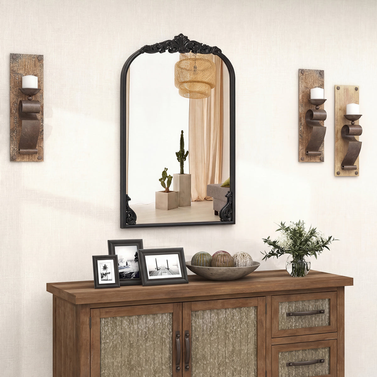 Dramatic Arched Wall Mirror with Baroque Ornate Frame-S
