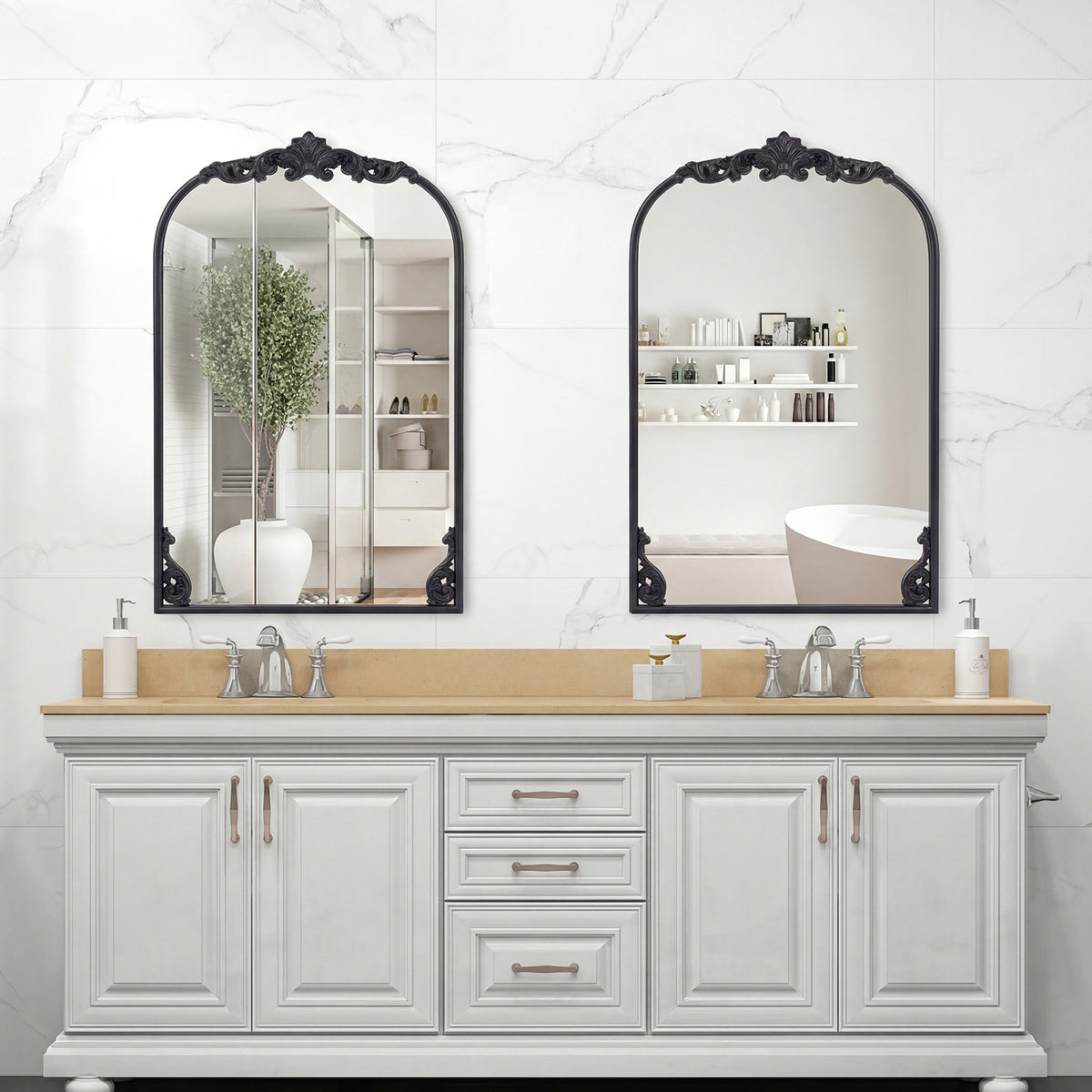 Dramatic Arched Wall Mirror with Baroque Ornate Frame-S
