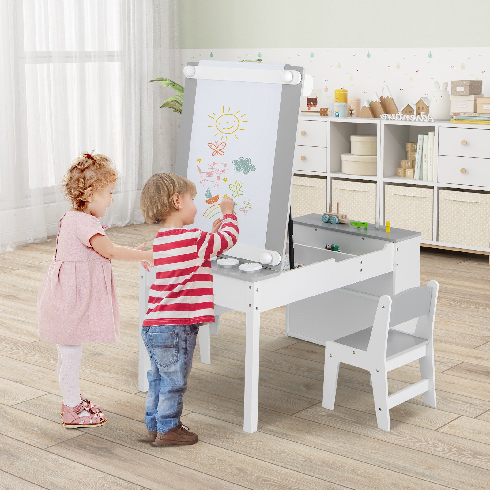 2-in-1 Kids Art Table and Art Easel Set with Chairs-Grey