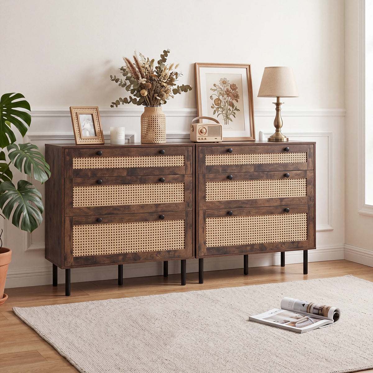 Dresser with 3 Drawers and Rattan Design and 5 Metal Legs for Bedroom-Rustic Brown