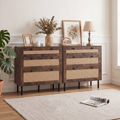 Dresser with 3 Drawers and Rattan Design and 5 Metal Legs for Bedroom-Rustic Brown
