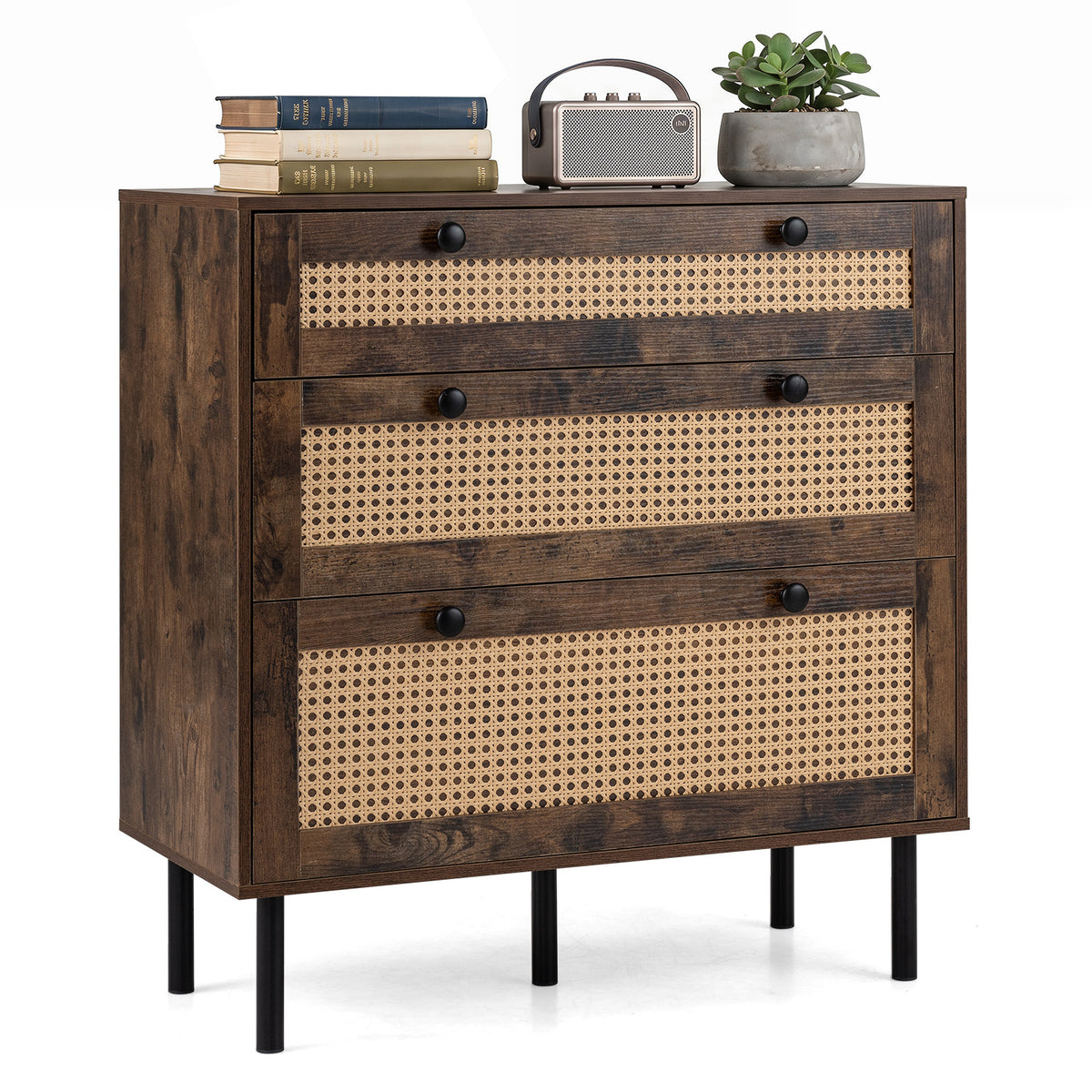Dresser with 3 Drawers and Rattan Design and 5 Metal Legs for Bedroom-Rustic Brown