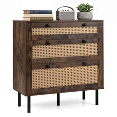 Dresser with 3 Drawers and Rattan Design and 5 Metal Legs for Bedroom-Rustic Brown