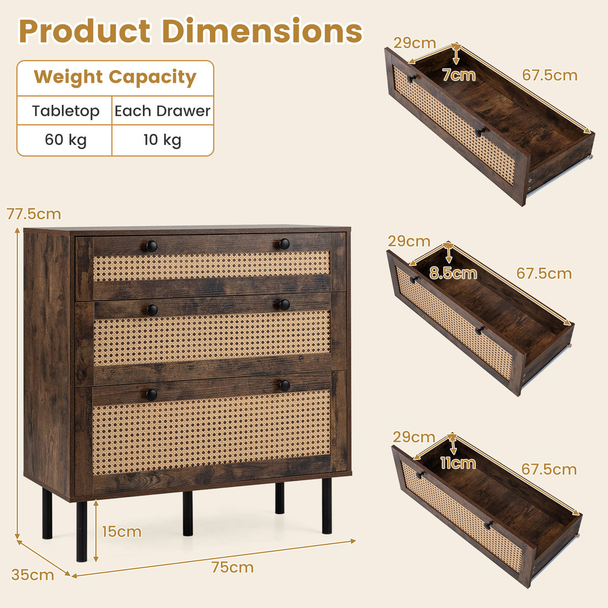 Dresser with 3 Drawers and Rattan Design and 5 Metal Legs for Bedroom-Rustic Brown