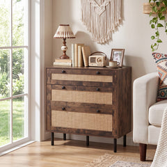 Dresser with 3 Drawers and Rattan Design and 5 Metal Legs for Bedroom-Rustic Brown