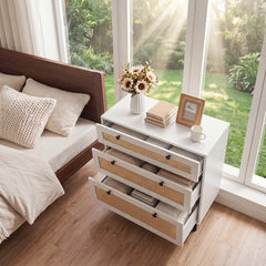 Dresser with 3 Drawers and Rattan Design and 5 Metal Legs for Bedroom-White