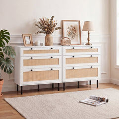 Dresser with 3 Drawers and Rattan Design and 5 Metal Legs for Bedroom-White