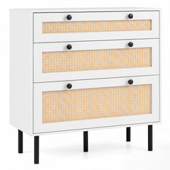 Dresser with 3 Drawers and Rattan Design and 5 Metal Legs for Bedroom-White