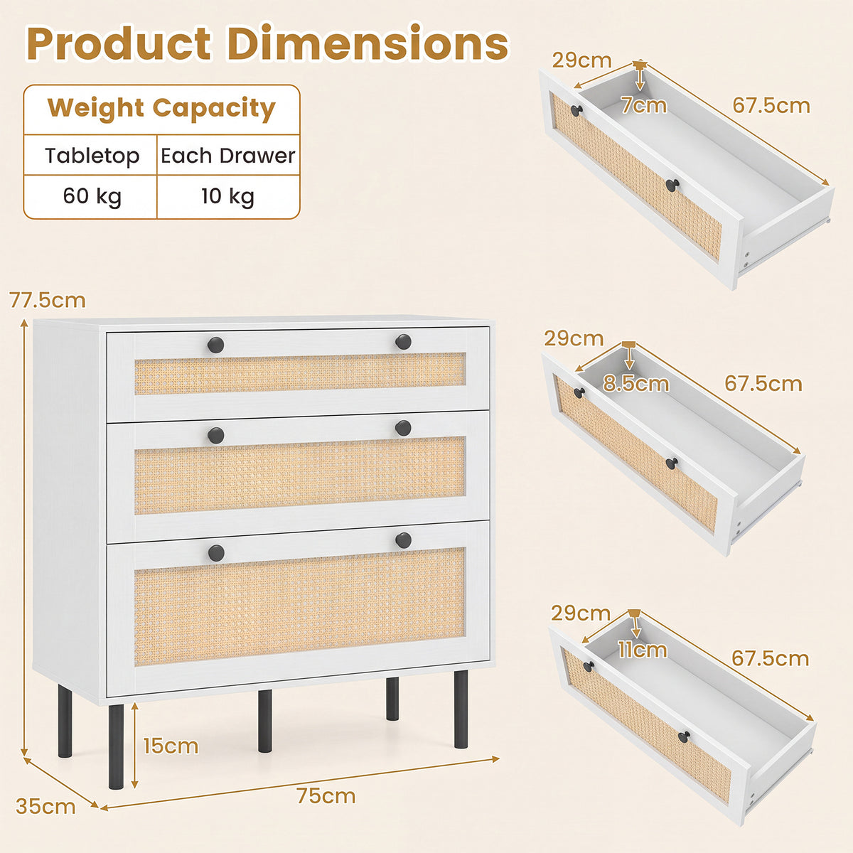 Dresser with 3 Drawers and Rattan Design and 5 Metal Legs for Bedroom-White
