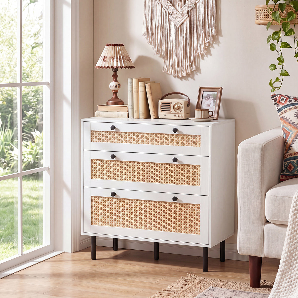 Dresser with 3 Drawers and Rattan Design and 5 Metal Legs for Bedroom-White