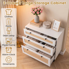Dresser with 3 Drawers and Rattan Design and 5 Metal Legs for Bedroom-White