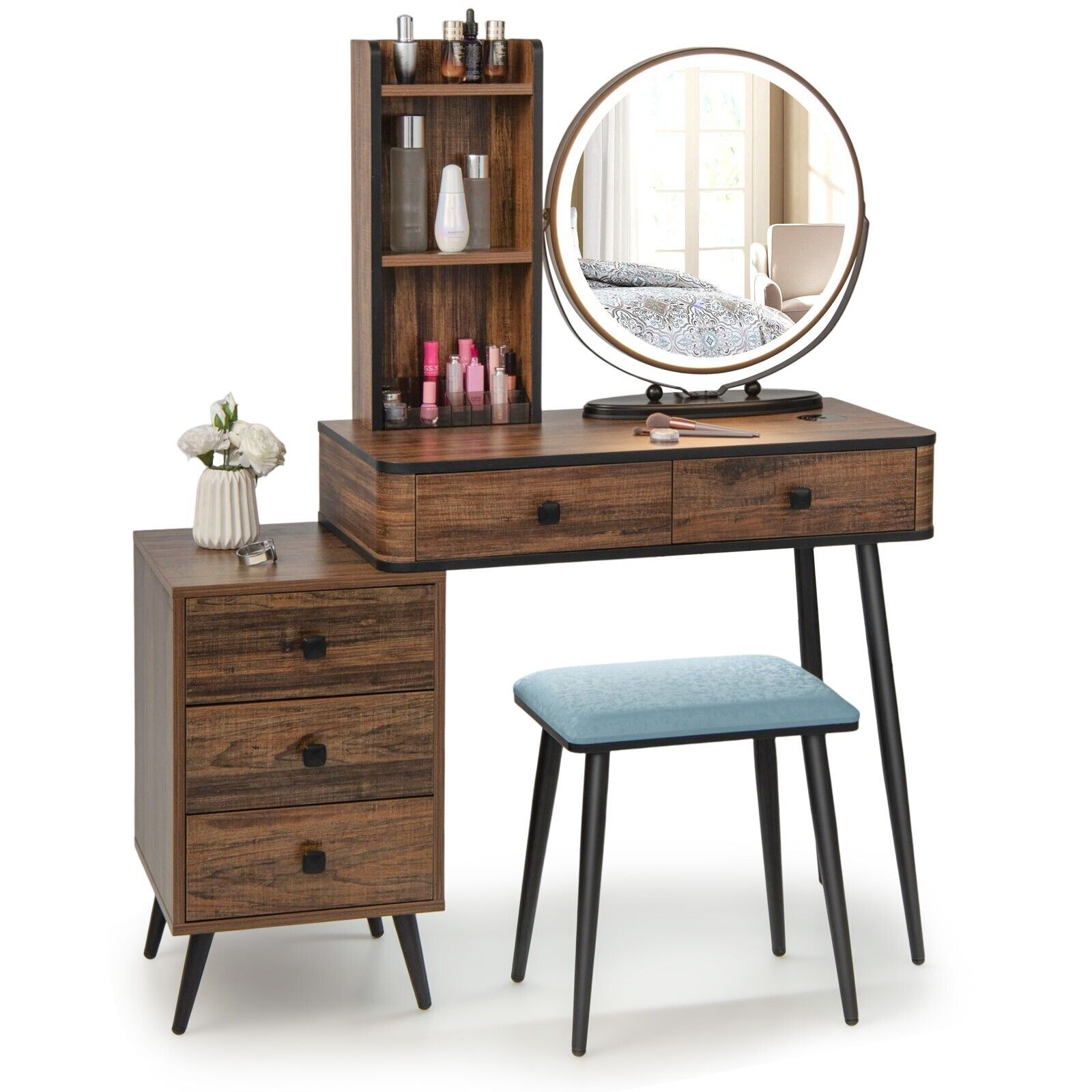 Vanity Table Set with 3-Colour Round Mirror and Charging Station-Brown