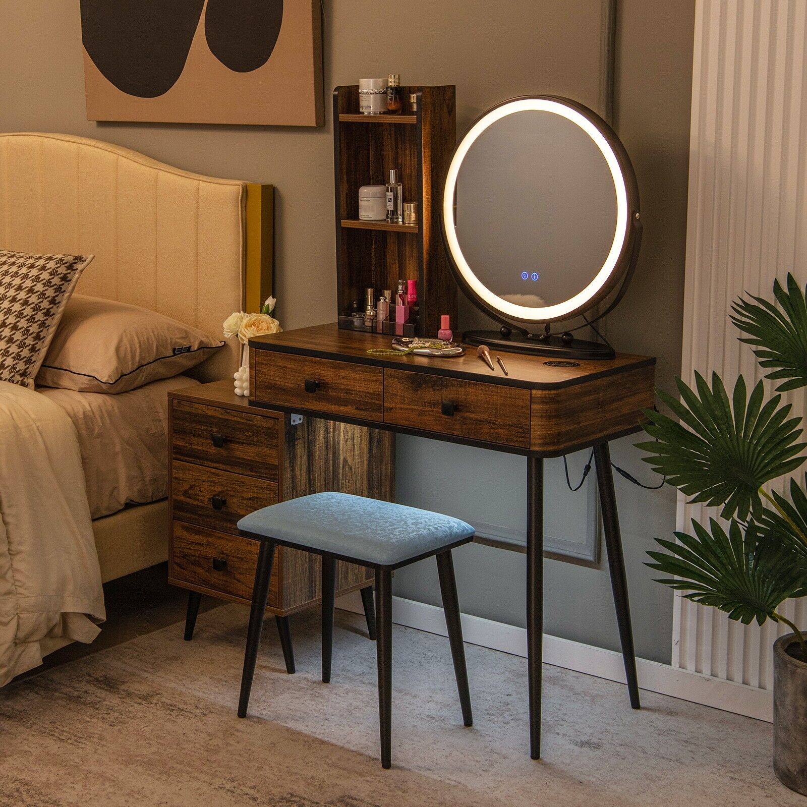 Vanity Table Set with 3-Colour Round Mirror and Charging Station-Brown