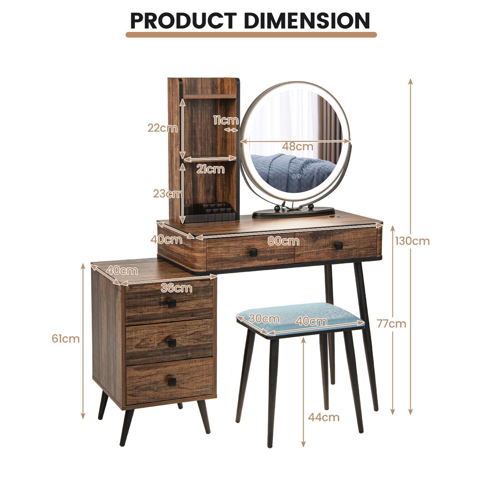 Vanity Table Set with 3-Colour Round Mirror and Charging Station-Brown