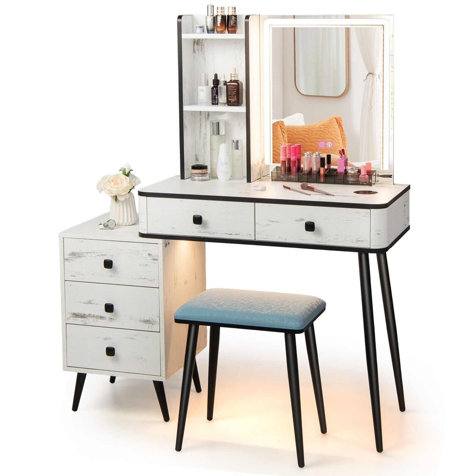 Vanity Table Set with 3-Color LED Lights Mirror and Charging Station-White