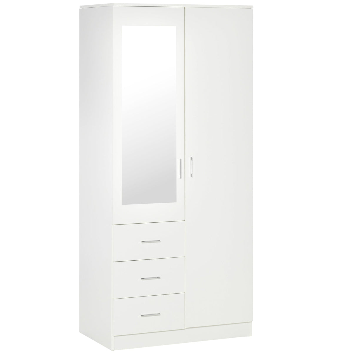 HOMCOM 2 Door 3 Drawer Mirrored Wardrobe with Hanging Rail, Modern Clothes Storage Cupboard with Mirror, Drawers and Adjustable Shelves for Bedroom, 80 x 50 x 180 cm, White