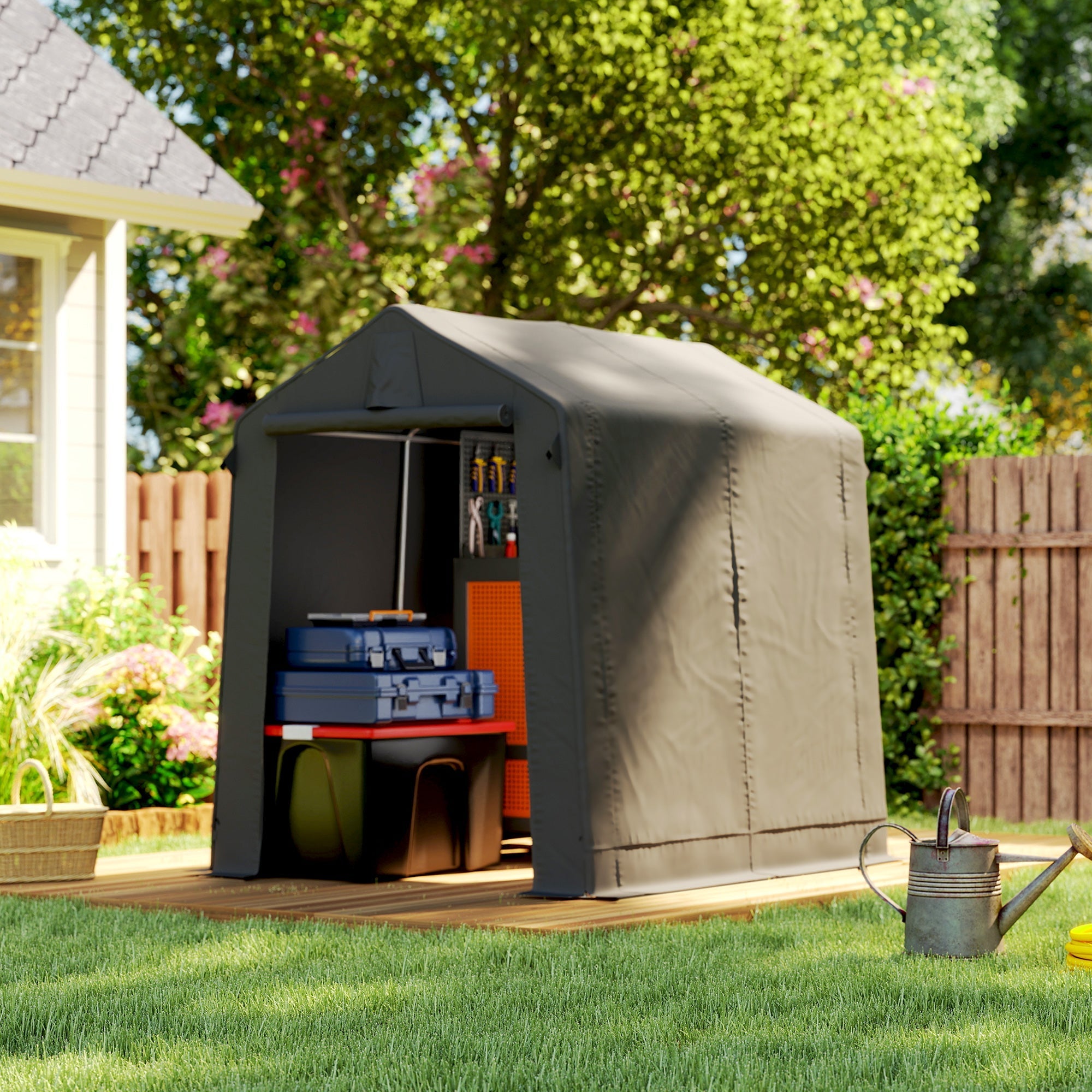 Outsunny 7.5 x 6.2 ft Outdoor Garden Storage Shed, Waterproof Bike Tent with Roll-Up Zipper Door and Vent, Dark Grey