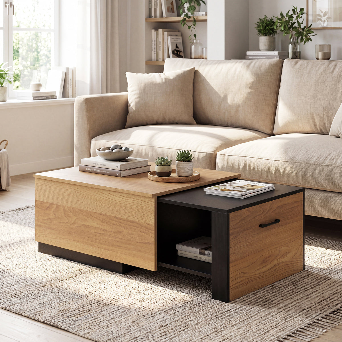 Dual-Tone Extendable Coffee Table with 2 Storage Compartments-Natural