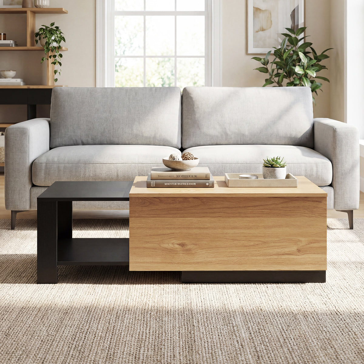 Dual-Tone Extendable Coffee Table with 2 Storage Compartments-Natural