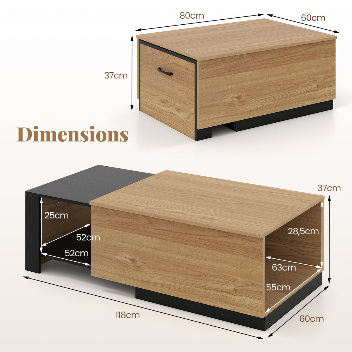 Dual-Tone Extendable Coffee Table with 2 Storage Compartments-Natural