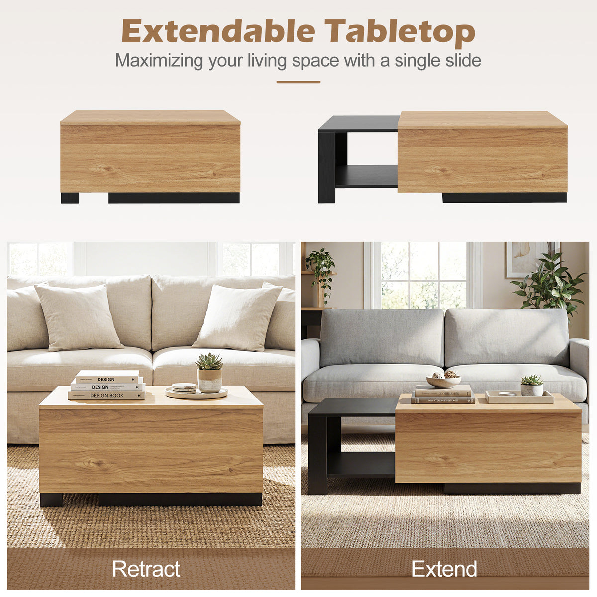 Dual-Tone Extendable Coffee Table with 2 Storage Compartments-Natural