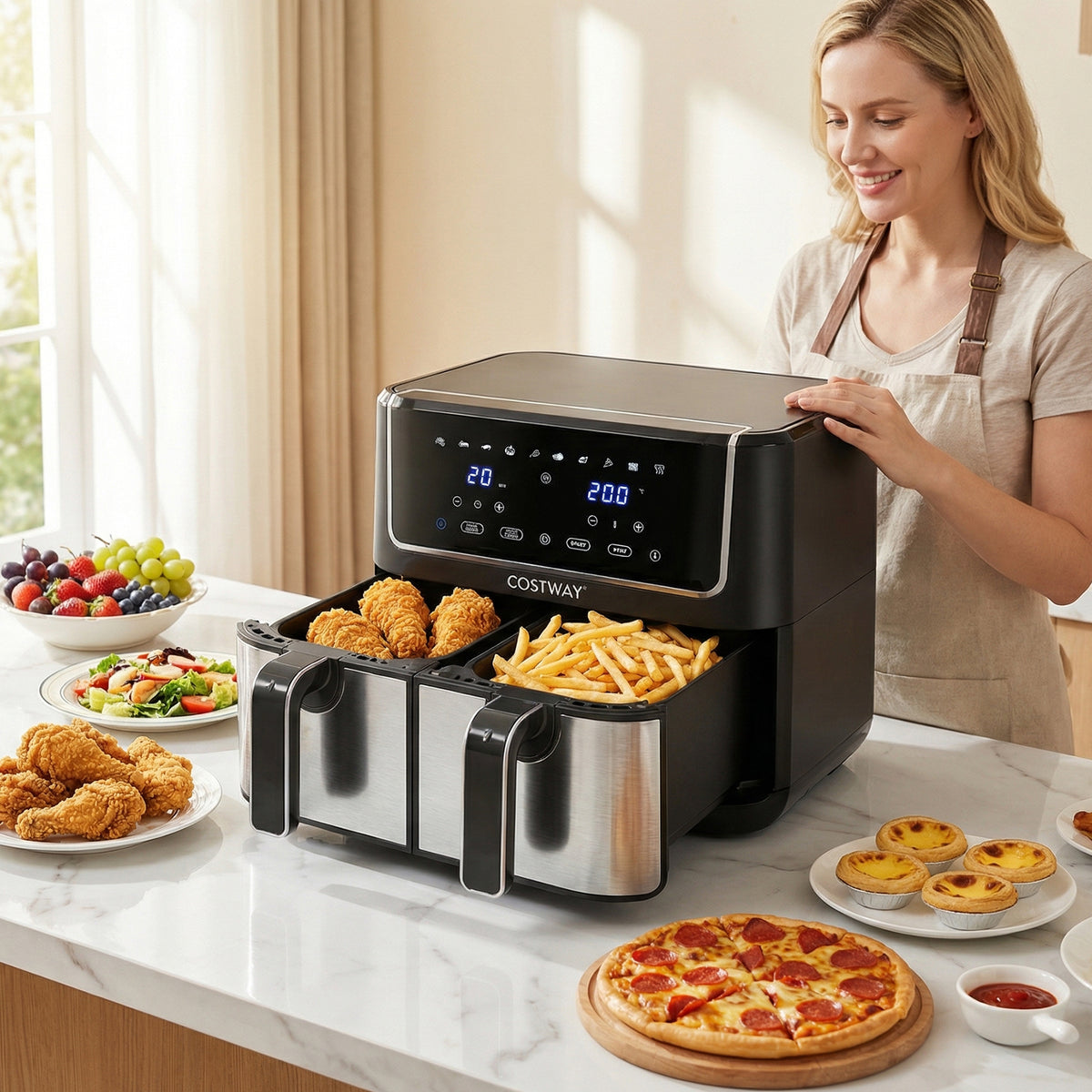 Dual-Zone Air Fryer with 10 Presets and LED Touchscreen Panel-Black