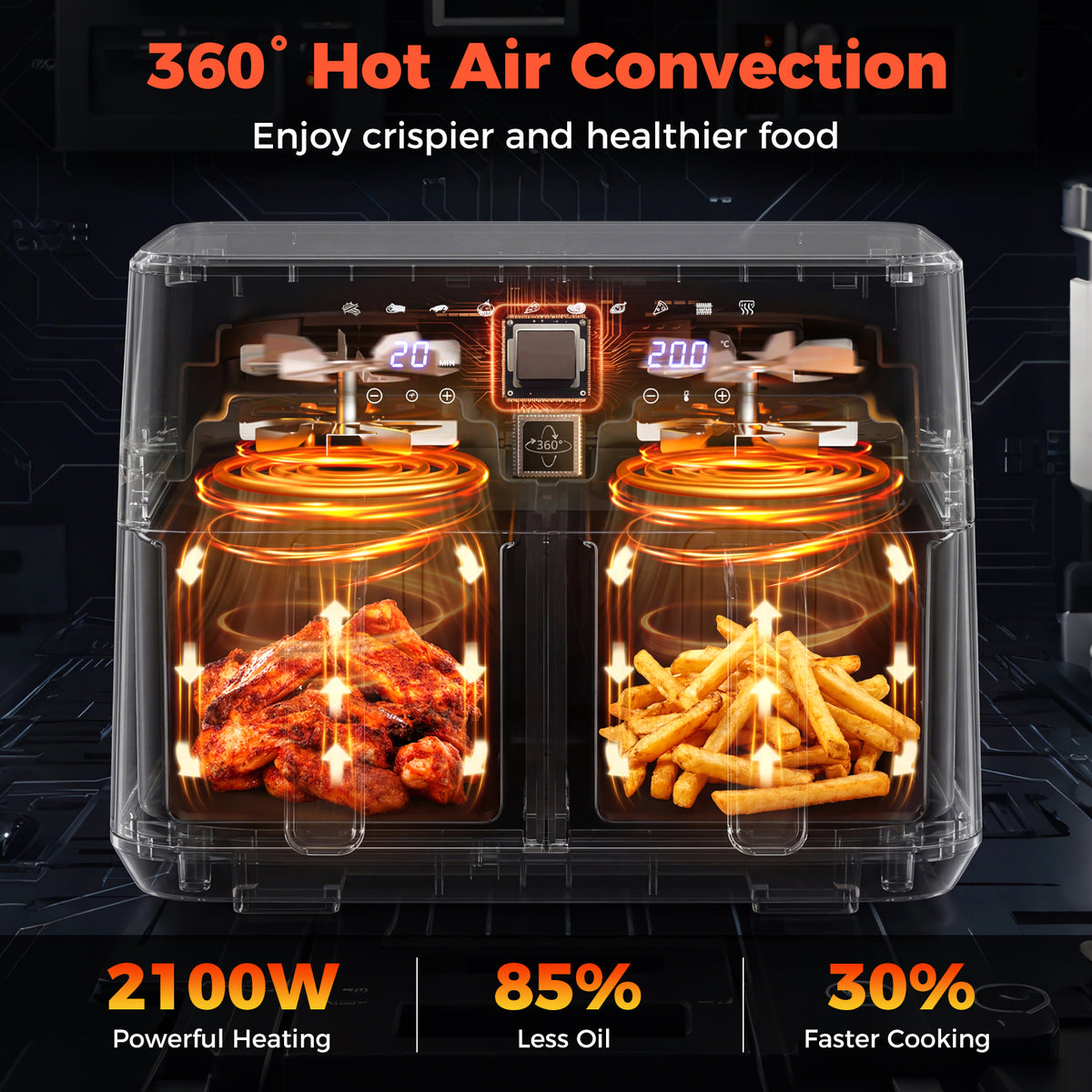 Dual-Zone Air Fryer with 10 Presets and LED Touchscreen Panel-Black