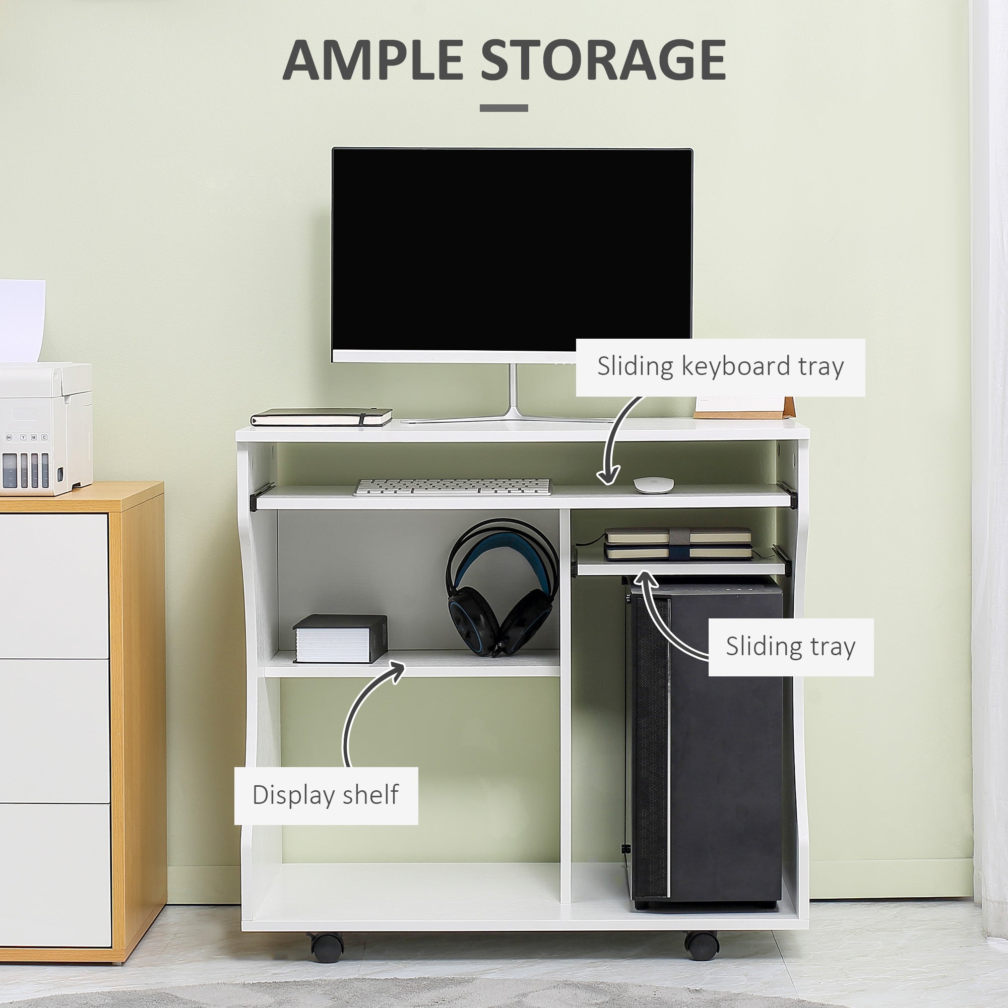 HOMCOM Multi-Storage Compact Work Desk, with Wheels - White