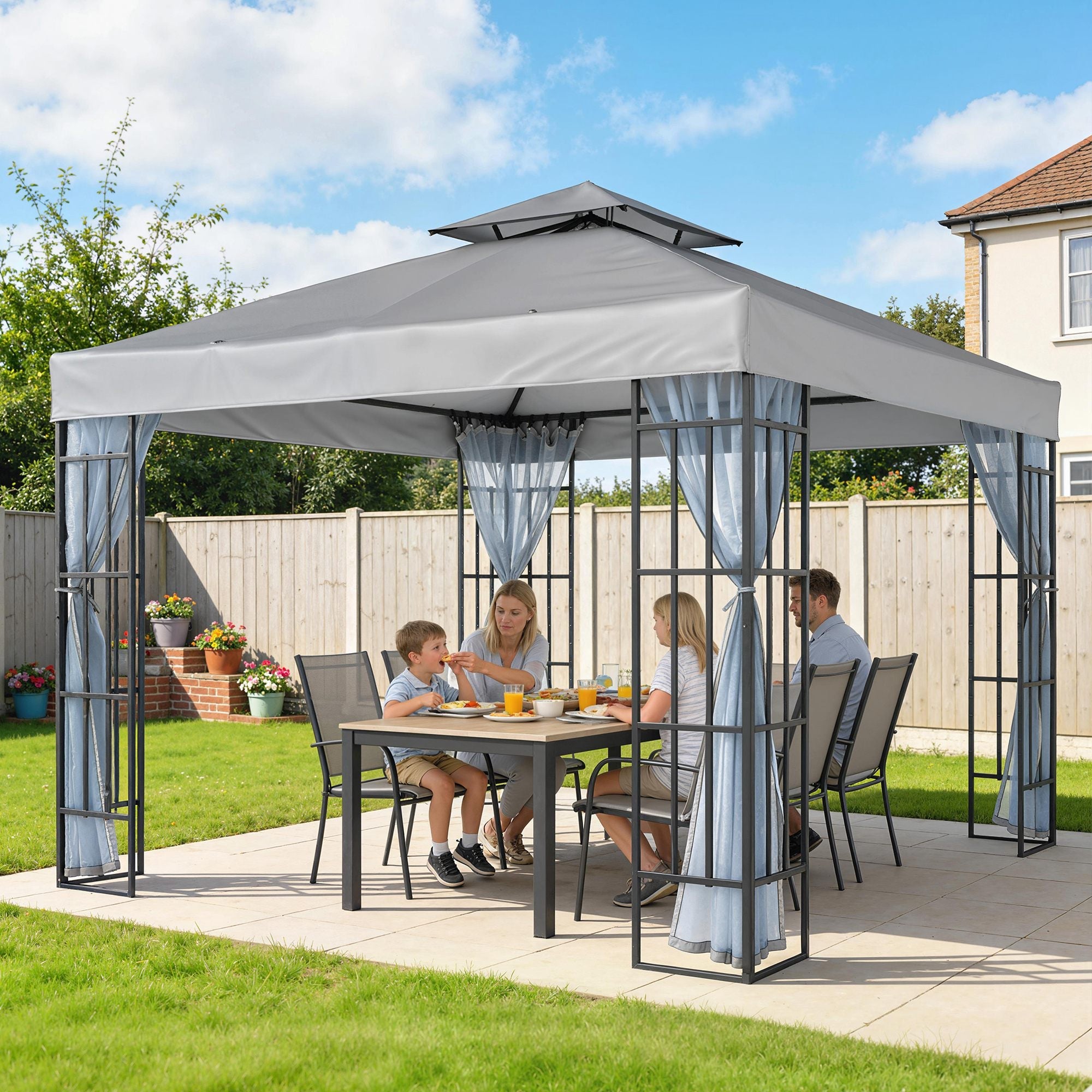 Outsunny 3 x 3(m) Patio Gazebo Canopy Garden Pavilion Tent Shelter with 2 Tier Roof and Mosquito Netting, Light Grey
