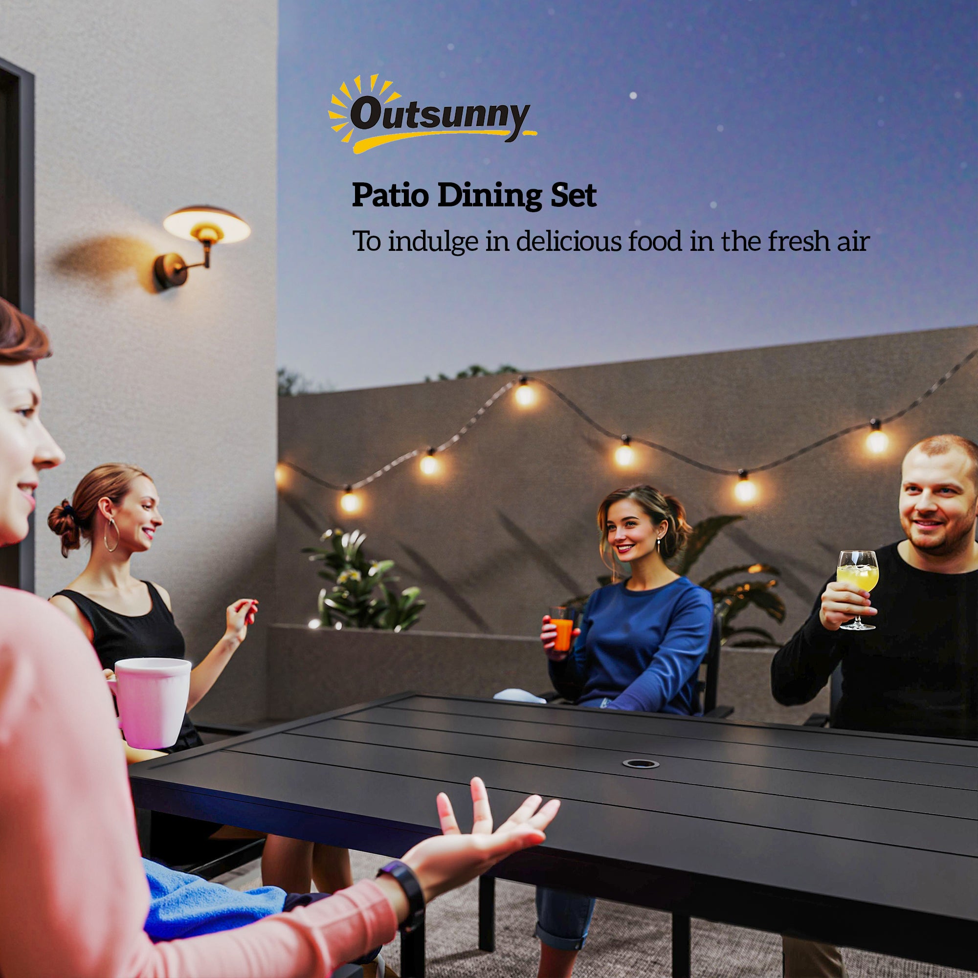 Outsunny Seven-Piece Minimal Metal Garden Dining Set, with Parasol Hole - Black