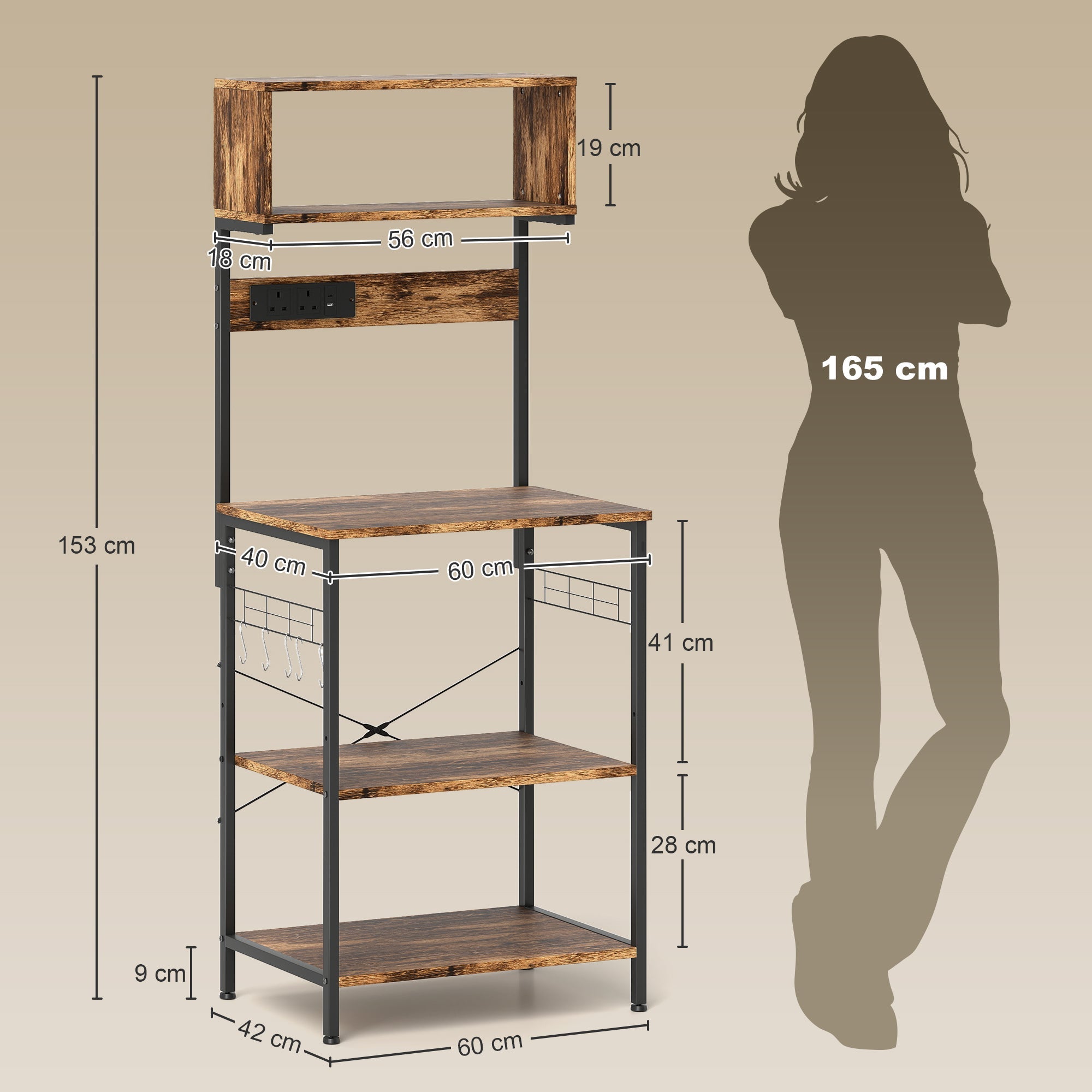HOMCOM Bakers Rack with Power Outlet, USB Charger, Microwave Stand with Adjustable Shelves, 5 Hooks for Small Spaces, Kitchen Storage Unit for Spices, Pots and Pans, Rustic Brown