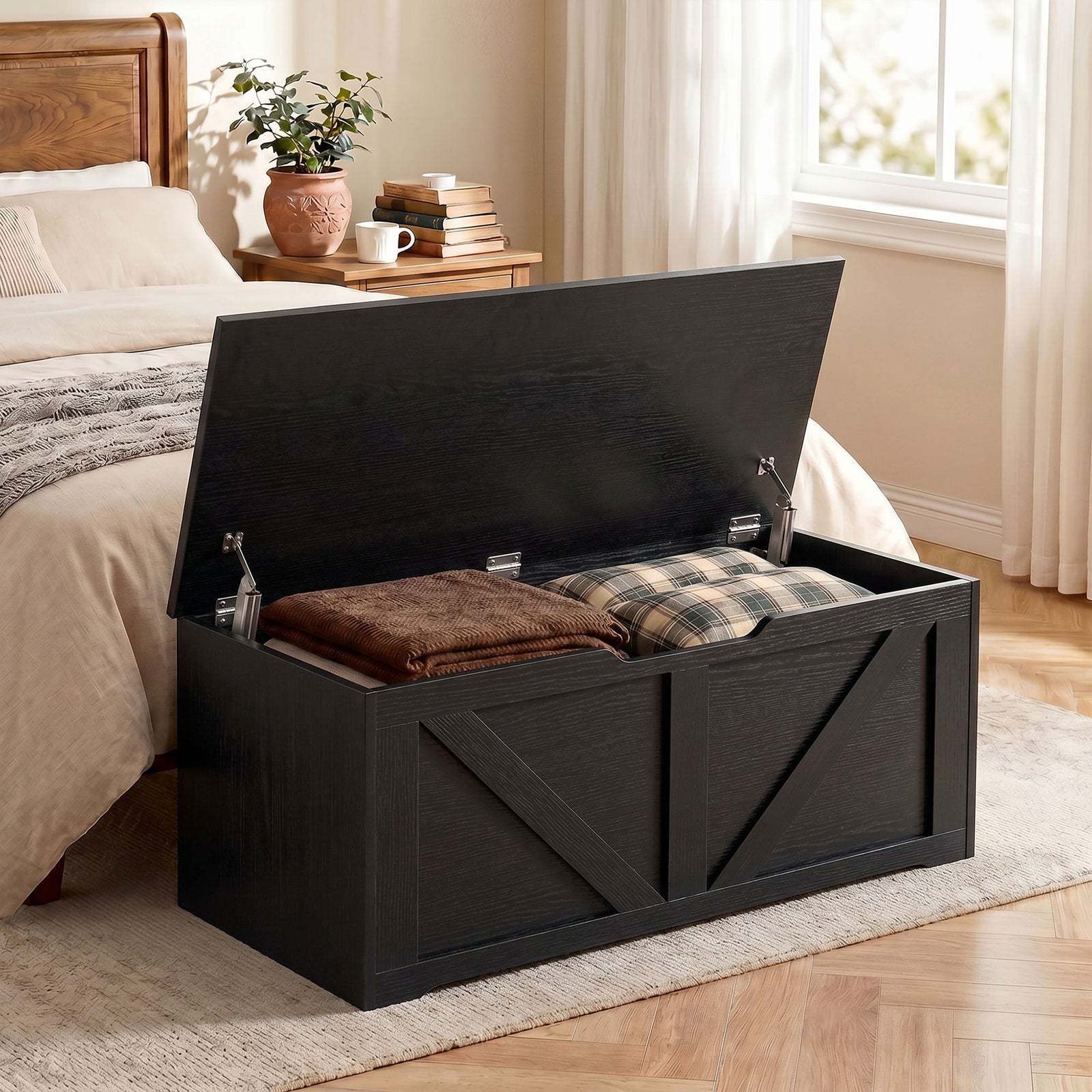 HOMCOM 127L Home Storage Box, with Safety Hinges - Black Wood-Effect