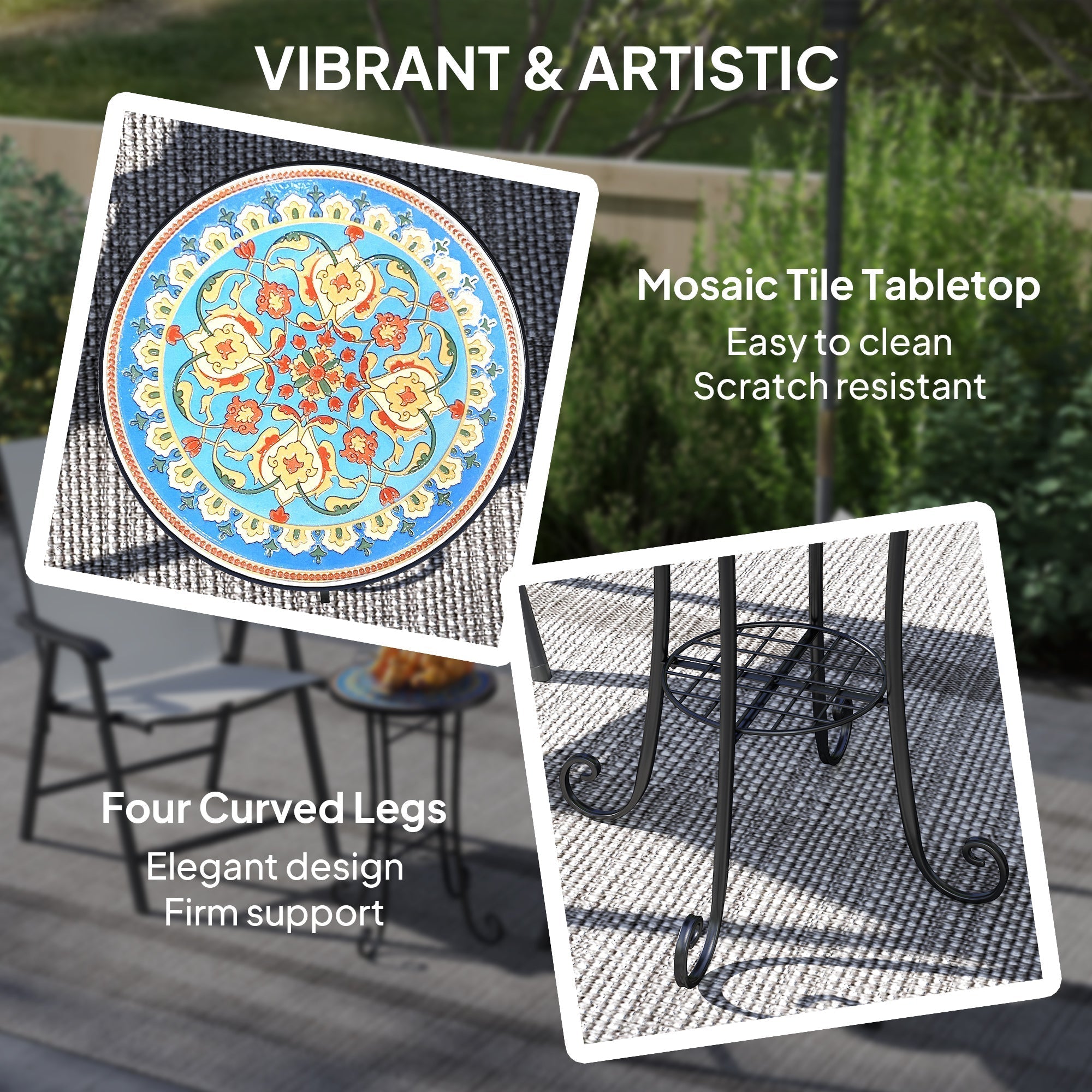 Outsunny Mosaic Garden Table, 35.5 cm Round Outdoor Table with Shelf, Ceramic Tile Top, Small Garden Side Table Bistro Table End Table Plant Stand for Indoor, Patio, Balcony, Blue