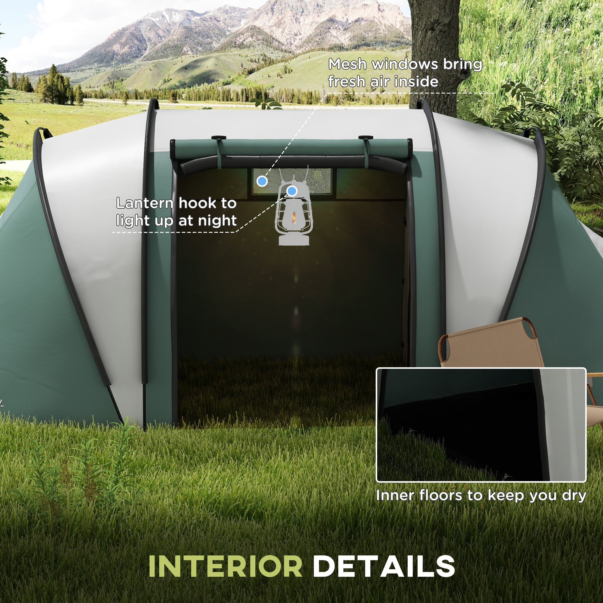 Outsunny Two-Man Tent, with Bedrooms, Living Room and Canopy - Dark Green